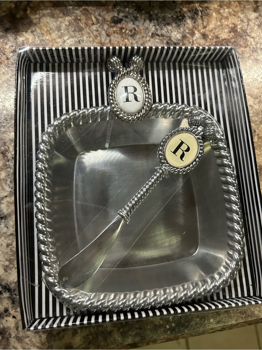 NIB Mud Pie Monogram Initial R Dip Bowl & Spreader Set Silver